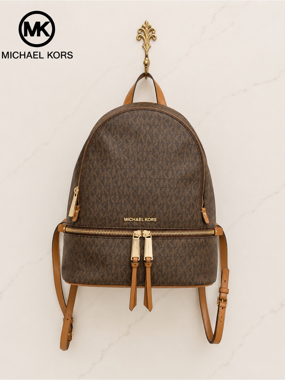 Michael Kors Brown MK Signature Logo Backpack Tan Gold Hardware